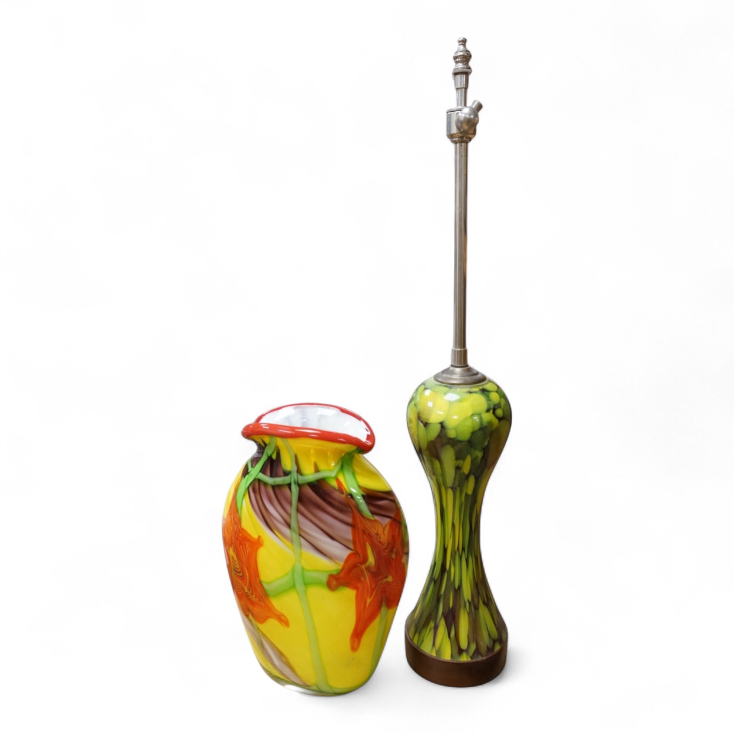 A faux glass lamp base with chome fitting and an art glass vase, lamp base 65cm high